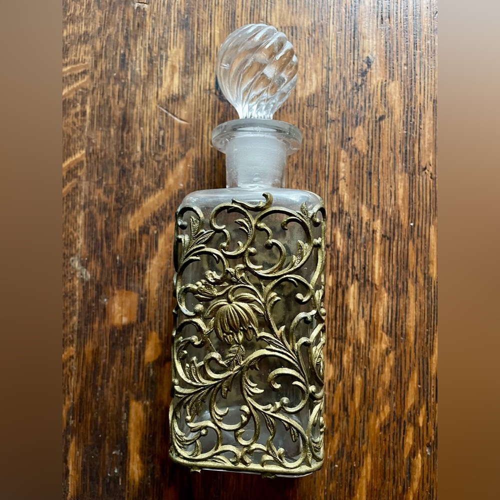 Vintage Glass Perfume Bottle with Gold Filigree